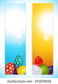 Two Vertical Easter Panels in Yellow and Blue with Decorated Eggs and Lens Flares Over Portrait Background