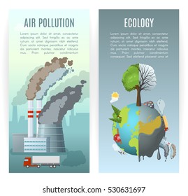 Two Vertical Ecology Banners Set With Cartoon Style Environmental Air Pollution Conceptual Compositions With Editable Text Vector Illustration