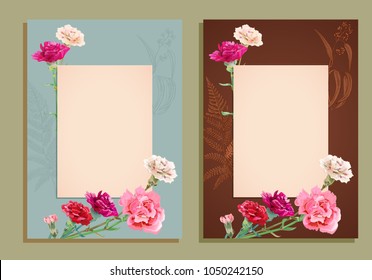 Two vertical frame, template for Mother's Day with carnation schabaud: red, pink, white flowers, leaves (fern, eucalyptus), vintage background, hand draw, botanical illustration, vector, copy space