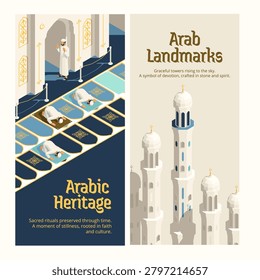 Two vertical isometric vector banners side by side. The left banner titled 