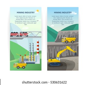 Two vertical mining industry banners with coal extraction processing and transportation cartoon scenery and editable text vector illustration
