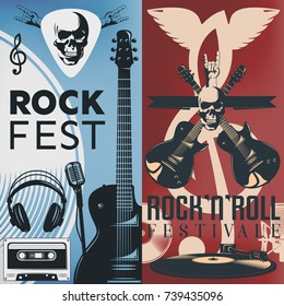 Two vertical music booklet of flyer set with descriptions of rock fest and rock n roll festival vector illustration