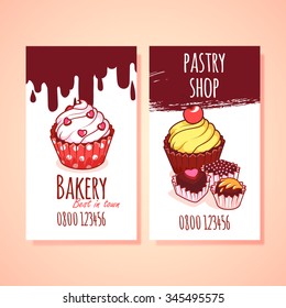 Two vertical orientation business card for Pastry shop with cupcakes and chocolate candies. Pastry shop cards on a light background. Vector template.