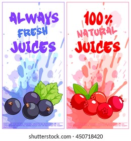 Two vertical orientation flyers with berries. Always fresh and 100% natural juices. Vector template flayer isolated on a white background.