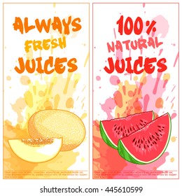 Two vertical orientation flyers with fruits. Always fresh and 100% natural juices. Vector template flayer isolated on a white background.