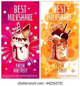 Two vertical orientation flyers for milkshakes. Best giant milk cocktail in jar. Vector template flayer isolated on a white background.