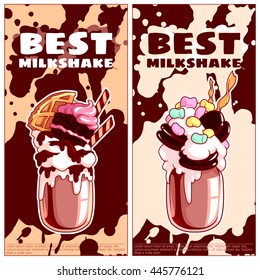 Two vertical orientation flyers for milkshakes. Best giant milk cocktail in jar. Vector template flayer isolated on a white background.