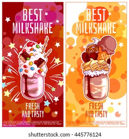 Two vertical orientation flyers for milkshakes. Best giant milk cocktail in jar. Vector template flayer isolated on a white background.