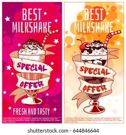 Two vertical orientation flyers for milkshakes. Best milk cocktail. Vector template flayers isolated on a white background.