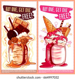 Two vertical orientation flyers for milkshakes. Best giant milk cocktail in jar. Vector template flayer isolated on a white background.