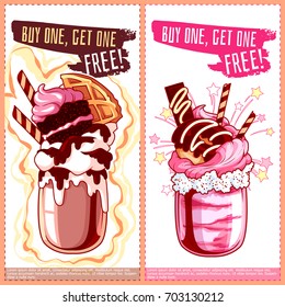 Two vertical orientation flyers for milkshakes. Best giant milk cocktail in jar. Vector template flayer isolated on a white background.