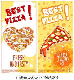 Two vertical orientation flyers for pizzeria. Fresh and tasty pizza. Vector template flyer isolated on a white background.