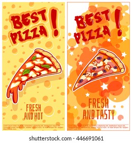 Two vertical orientation flyers for pizzeria. Fresh and tasty pizza. Vector template flyer isolated on a white background.