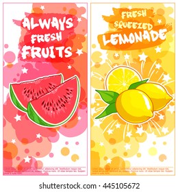 Two vertical orientation flyers with watermelon and lemon. Always fresh fruits and lemonade. Vector template flayer isolated on a white background.