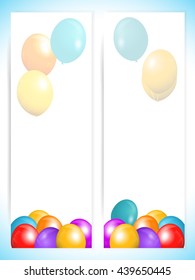 Two Vertical Panels with 3D Balloons and Shadows Over White and Blue Background
