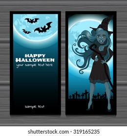 two vertical postcards depicting beautiful young cheerful witch in an abandoned cemetery with space for sample text. Texture of old gray wood. Halloween. Vector.