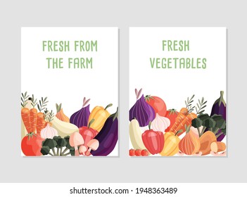 Two vertical poster templates with fresh organic vegetables and place for text. Colorful hand drawn natural food. Vector illustration. 