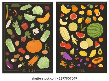 A Two Vertical posters A3 format with the image of vegetables and fruits in vintage style. Design for a farmers market. Production of organic products. Vector illustration.