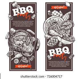 Two vertical posters or flyers on barbecue party. Flyers in retro style - invitation to BBQ event with composition of delicious varied food. Illustration hand drawn sketch. Vector  isolated on white