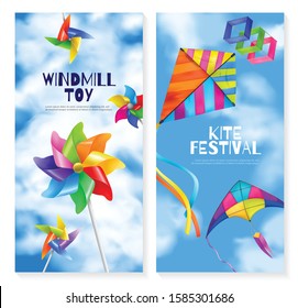 Two vertical and realistic kite wind mill toy banner set with two different holiday flying games vector illustration