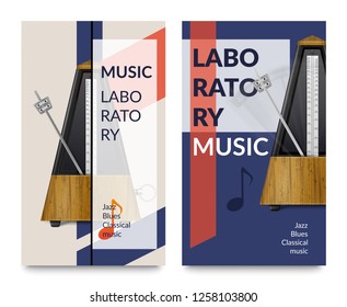 Two vertical realistic metronome music notes banner set with music laboratory headlines vector illustration