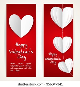 Two vertical red banners with hearts on a white background