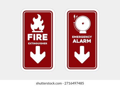 Dos signos rojos de Vertical con texto blanco e íconos. El signo izquierdo indica EXTINTOR con un icono de llama y una flecha hacia abajo. El signo derecho indica ALARMA DE EMERGENCIA con un icono de campana y una flecha hacia abajo.