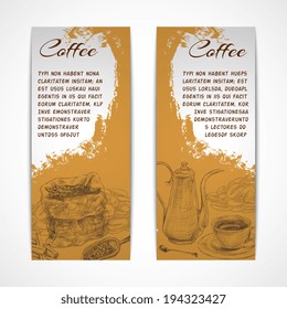 Two vertical retro espresso coffee set collection banners with beans grinder and coffeepot doodle handdrawn vector illustration