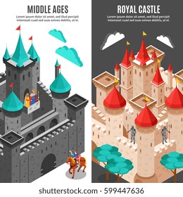 Two vertical royal castle vertical banner set middle ages and royal castle descriptions vector illustration