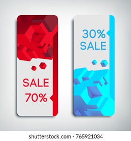 Two vertical sale banners with the different percentage, red and blue square shapes on the white background vector illustration