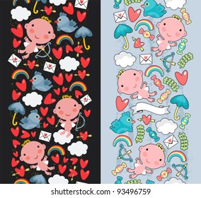 Two vertical seamless patterns with cupid and flora. Vector ornament for the Valentine`s day.