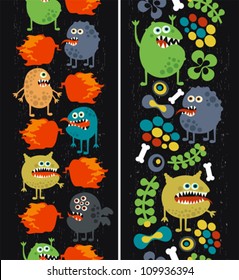Two vertical seamless patterns with monsters, plants and fire. Vector texture.