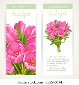 Two vertical spring banners with pink tulips bouquet on a white background