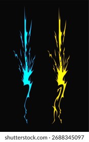 Dois raios verticais estilizados, um ciano brilhante e o outro amarelo, são ilustrados contra um plano de fundo preto.