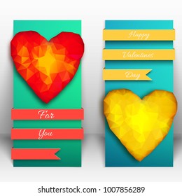 Two vertical valentine banner set with two big amber or polygonal hearts and yellow and red ribbons vector illustration