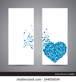 Two vertical Valentine cards showing scattering heart made of little blue hearts, back and front side, in vector