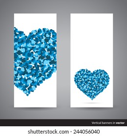 Two vertical Valentine cards showing heart made of little blue hearts, back and front side, in vector