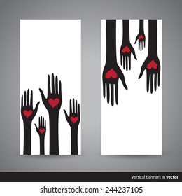 Two vertical Valentine cards showing palms with hearts, back and front side, in vector