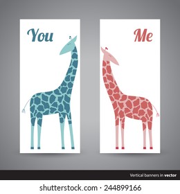 Two vertical Valentine cards showing two giraffes, back and front side, in vector