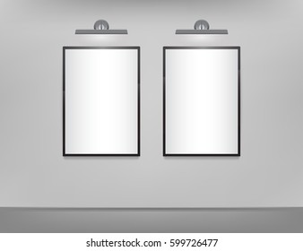 Two vertical white canvas with black frame and backlight on a gray wall. Template for your design, business presentation, placards, photos. Vector eps 10.