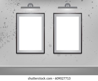 Two vertical white canvas, black frame and backlight on a gray wall with grunje texture. Template for your design, business presentation, placards, photos. Vector eps 10.