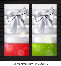Two vertical winter banners; vector flyer template in red and green colors with silver ribbon  and snowflakes 