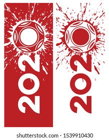 Two verticale layouts Cover of business diary for 2020 red color with soccer ball and blot. Brochure design template, card, banner. Vector illustration. Isolated on white background.