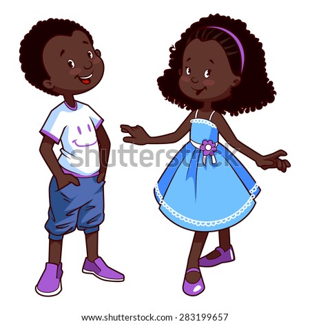 Two very cute african american kids. Boy and girl in blue dress. Vector illustration on a white background.