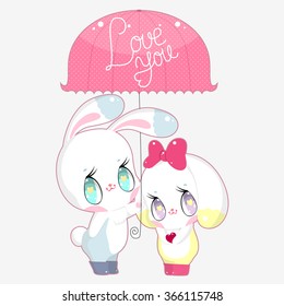 Two very lovely bunnies standing under big vintage pink umbrella with the words "I love you". Picture perfect for stickers, Valentine's Day or design.