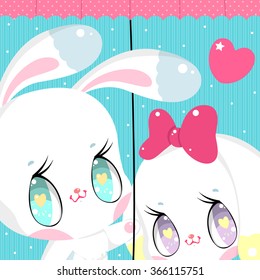 Two very lovely bunnies standing under big vintage pink umbrella under rain. Picture perfect for stickers, Valentine's Day or design.