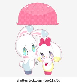 Two very lovely bunnies standing under big vintage pink umbrella. Picture perfect for stickers, Valentine's Day or design.
