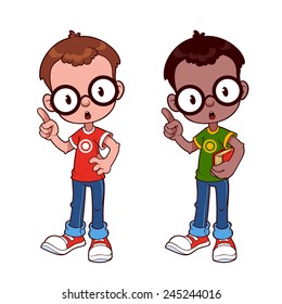Two very smart boys in glasses. Cartoon characters. Vector clip-art illustration on a white background.