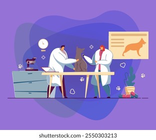 Dois veterinários examinando o cão na clínica veterinária. Ilustração de vetor plano.
Médicos no consultório que cuidam do animal de estimação, fornecendo-lhe assistência médica. Animais, animais de estimação, cuidados médicos, conceito veterinário