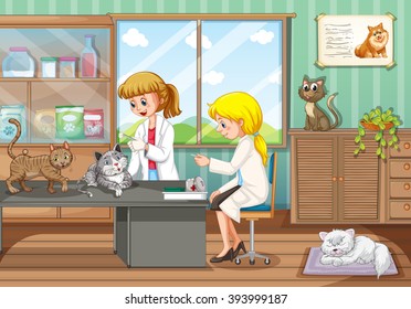 Two vets healing animals in the hospital illustration